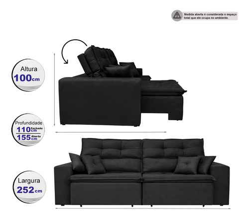 Sofá Cairo 2,52m Retrátil, Reclinável Tecido Suede Preto Cama inBox