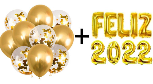Imagem 1 de 8 de Kit Balão Feliz 2022 40cm +10 Bexigas Confete Dourado Mpfest