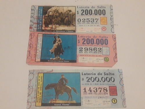 3 Billetes De Loteria De Salta 1971 - General Guemes