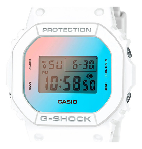 Reloj Casio G-shock Dw-5600 Para Hombre Correa Blanco Bisel Blanco Fondo Azul