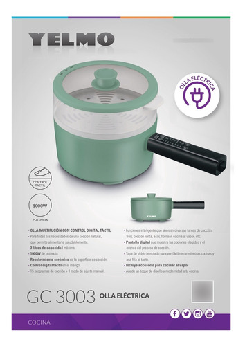 Yelmo Gc-3003 Olla Eléctrica Multifuncion 3 Litros 1000w Color Verde Frecuencia 220 Verde 220