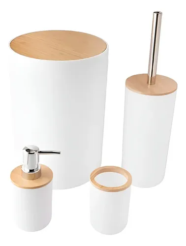 Kit Banheiro Completo Lixeira Porta Escova Sabonete Bambu