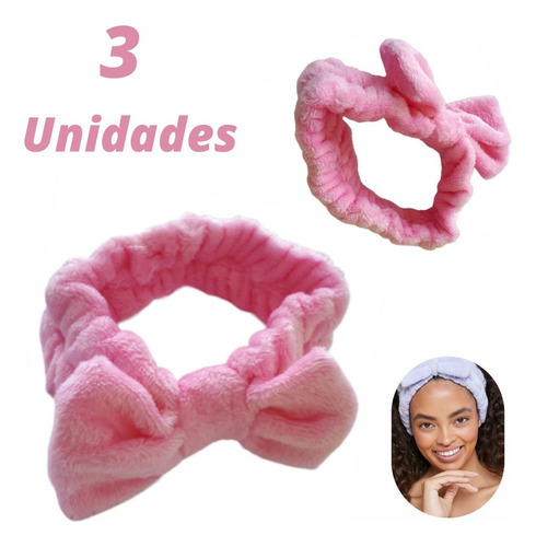 03 Uns Faixa Cabelo Atoalhada Facial P/ Cabeça E Maquiagem Cor 3 Faixa Rosa Pelúcia