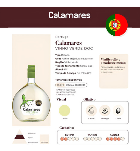 Vinho Branco Calamares Vinho Verde - 750ml Kit 6 Unidades