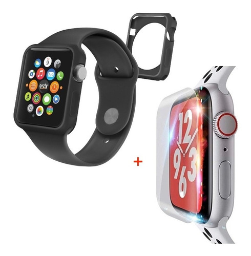 Funda Silicona Negra + Protector Completo Para Apple Watch 