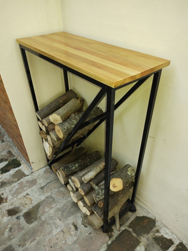 Leñero Mesa Bar Movible Interior/exterior Madera Dura Hierro