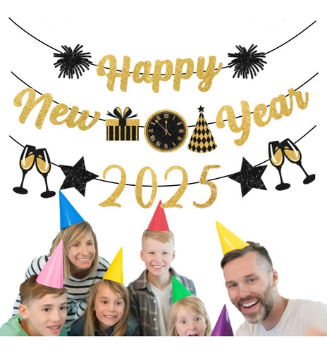 Pancarta De Feliz Año Nuevo 2025 Con Purpurina Pancarta De N