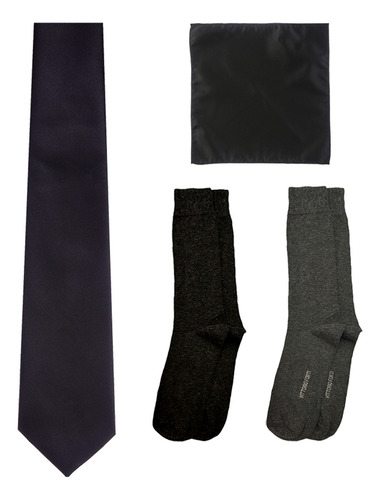 Set 4 Pzs Corbata Pañuelo Y Calcetin Hombre Vittorio Forti Color Negro Diseño de la tela Lisa Largo 7.5 cm