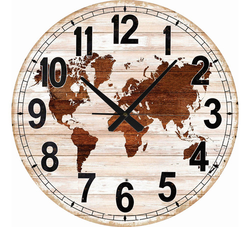 Reloj De Pared Grande 49 Cm Mapa Marrón Simil Madera Beige