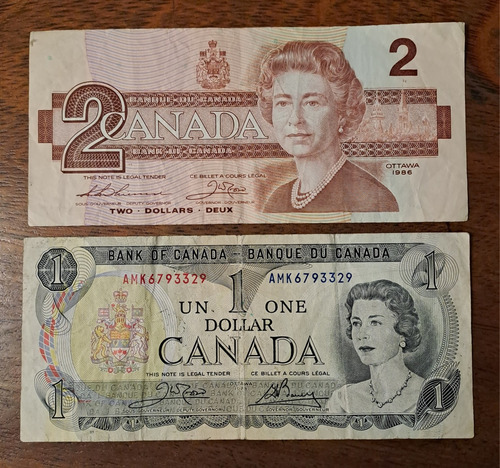 Canadá X 2 Billetes Incluye 1 Y 2 Dólares 1986. Usados !!!