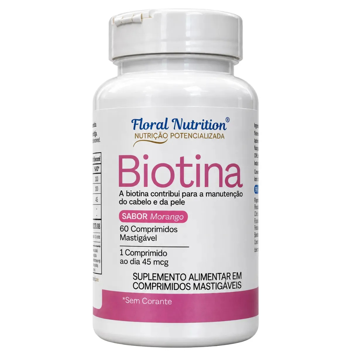 BIOTINA Mastigável 60 Comprimidos (60 DIAS) Sabor Morango Vitamina Para Manutenção do Cabelo e da Pele Floral Nutrition