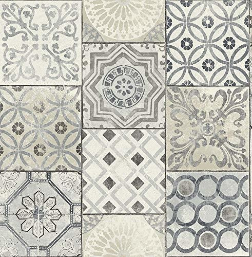 Papel Tapiz - Moroccan Tile Unpasted Wallpaper In Blue (gray