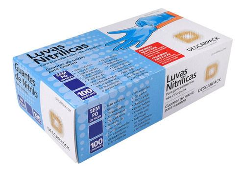 Luvas descartáveis antiderrapantes Descarpack cor azul tamanho  P de nitrilo em kit de 20 x 100 unidades 