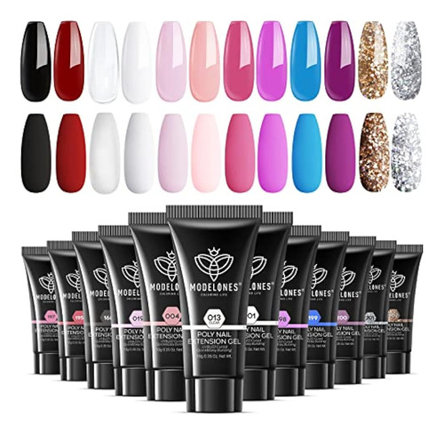 Modelones 12 Colores Poly Nail Extension Gel Kit Rosa Negro 