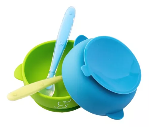 2 Platos Para Bebe De Silicón Con Ventosa Y 2 Cucharas Color Azul - Verde  Bowl con succion