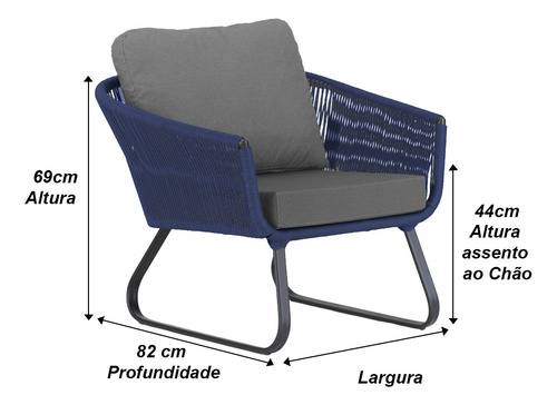 Conjunto Sofá E Poltronas Corda Alumínio Para Área Estrutura Azul Marinho