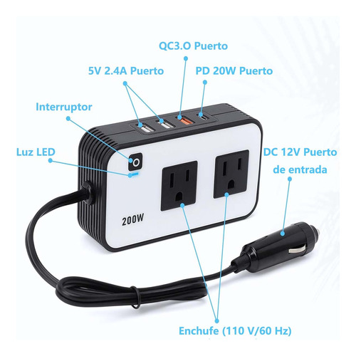 Inversor De Corriente Para Auto De 200w, 12v-110v, Pd 20w