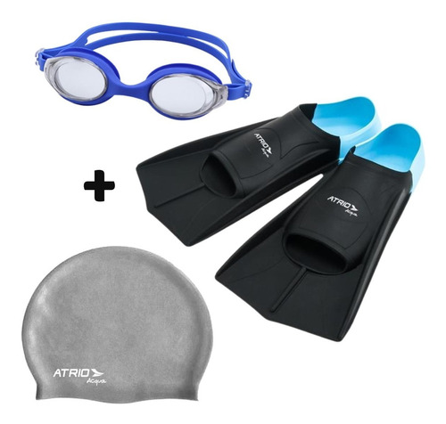 Kit Natação Pé De Pato Preto 39-41 +touca Prata +oculos Azul