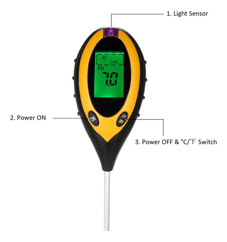 Verificador De Solo 4 Em 1 Ph Temperatura De Umidade