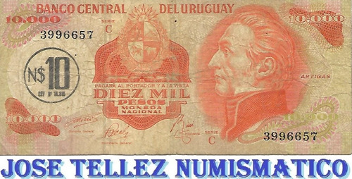 Billete Uruguay 10000 Pesos Resello N$ 10 Año 1989 B Palermo