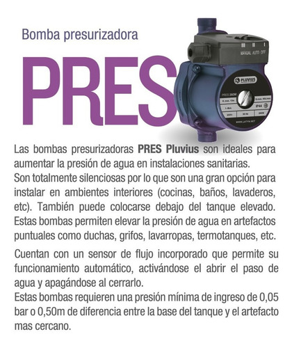 Imagen 3 de 6 de Bomba Presurizadora 260 W Automática 3 Baños Pluvius Pres260