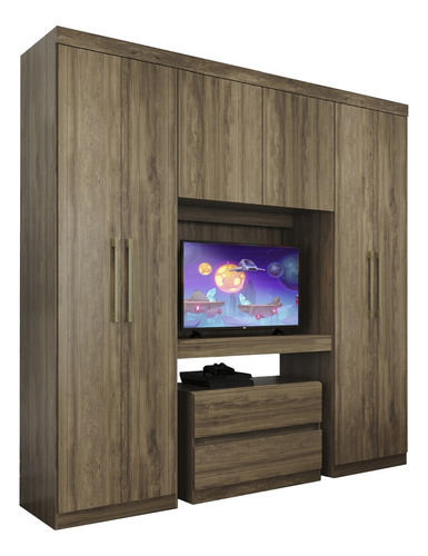 Guarda Roupa Infantil 6 Portas Porto Legno Com Painel De Tv Cor Marrom