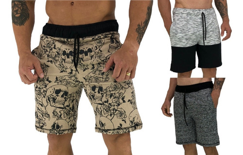 Kit 3 Bermudas Masculinas Moleton  Camuflada Floral Treino