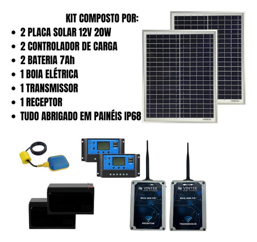 Chave Boia Sem Fio 2 Km + 2 Kit Solar + C/ Bateria 12v 7ah