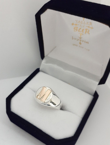 Anillo Sello Macizo Rodondo Con Inicial Plata Y Oro 