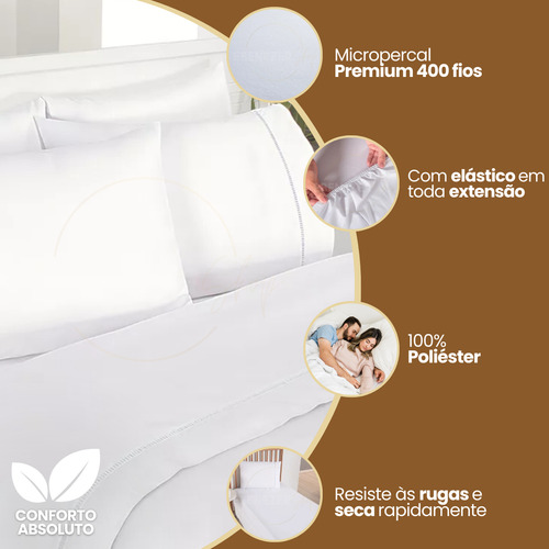 Jogo De Lençol Casal 3 Peças 400 Fios Percal Ponto Palito Macio C/ Elástico Hotel Premium Cor Branco
