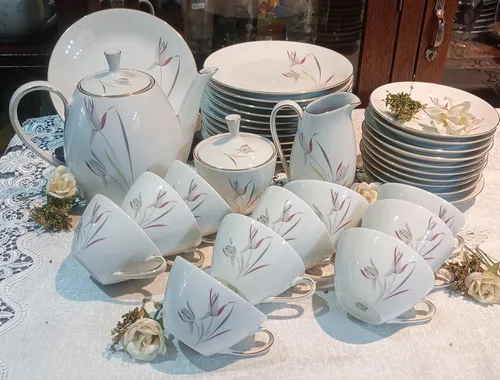 Antiguo Juego Te Porcelana Verbano 34 Piezas Impecables N273 Blanco Floreado