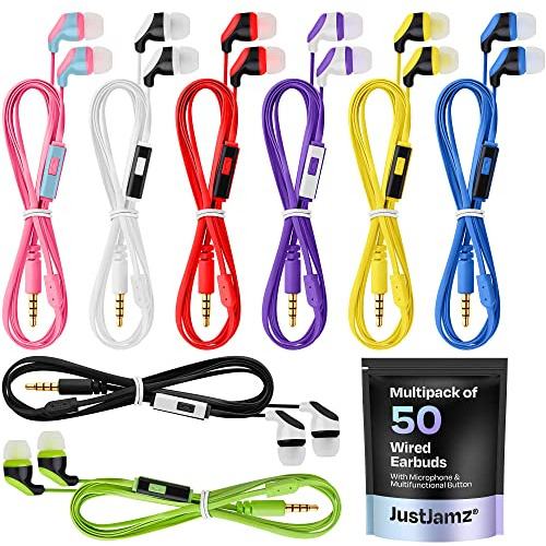 Justjamz Pack De 50 Auriculares Con Cable Y Micrófono | Para