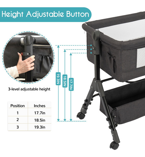Baby Bassinet Bedside Sleeper 3-in-1 W/ Wheels & Storage Gre