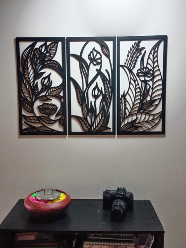 Cuadro Triptico De Flores Corte Laser En Mdf De 2.5 Mm