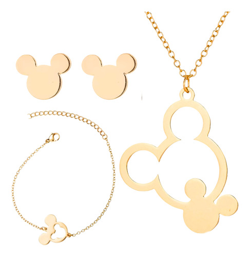Set Collar Aretes Pulsera Mickey Mouse Baño De Oro Color Dorado