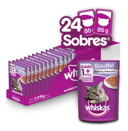 Whiskas, Alimento Gato, Soufflé Salmon&pescado, 24ud 85g C/u