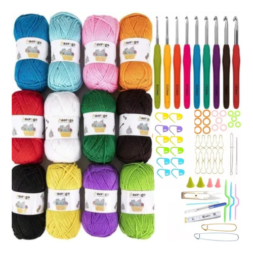 Set De Crochet Ganchillo Y Tejer + 12 Madejas De Hilo Ovillo