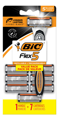Razors Bic Flex 5 Recargable Para Hombre, Con 1 Mango Y 7 Ca