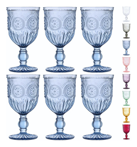 Juego 6 Copa Vino Azul Cristaleria Vintage Colorida