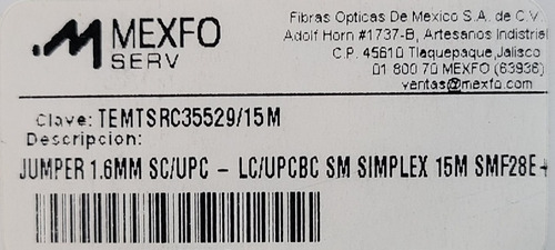 Jumper Óptico Simplex Monomodo Lc_upc Sc_upc 15 Mts.