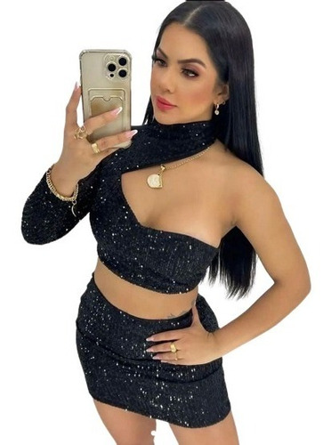 Conjunto Top Cropped + Saia Em Paetê Manga Única Gola Alta