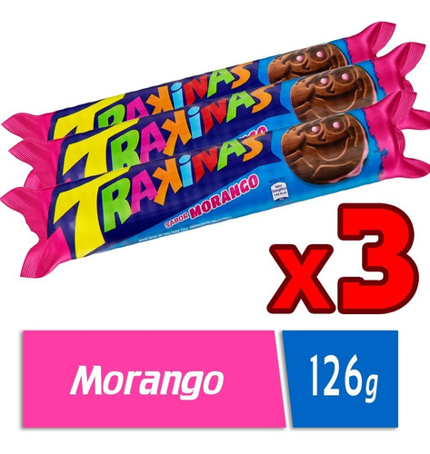 Kit 3 Pacotes Biscoito Recheio Morango Trakinas 126g Cada