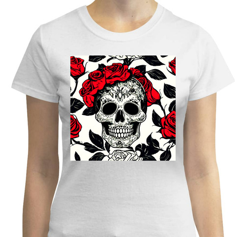 Playera Diseño Calavera Mexicana - Floral Rosas Rojas - Rosa