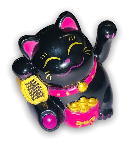 Maneki Neko Gato De La Fortuna Dinero Solar Mini Negro