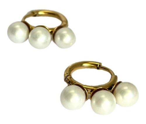 Aros Zarcillos Triple Perla Acero Inoxidable Bañado En Oro