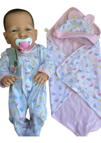 Imagen 6 de 10 de Bebote Real Bebe Reborn 53 Cm Bebote Con Chupete Osito Manta