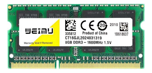 Memória Ram Ddr3 1x8gb 1600 Mhz Weimu W12800cl11-ys8g Taptop