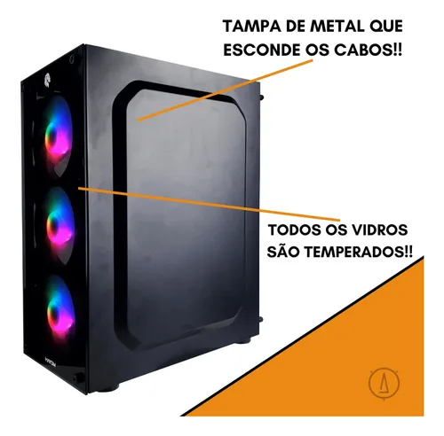 Gabinete Pc Gamer 4 Fans Led Azul Vidro Temp. Frontal & Lat