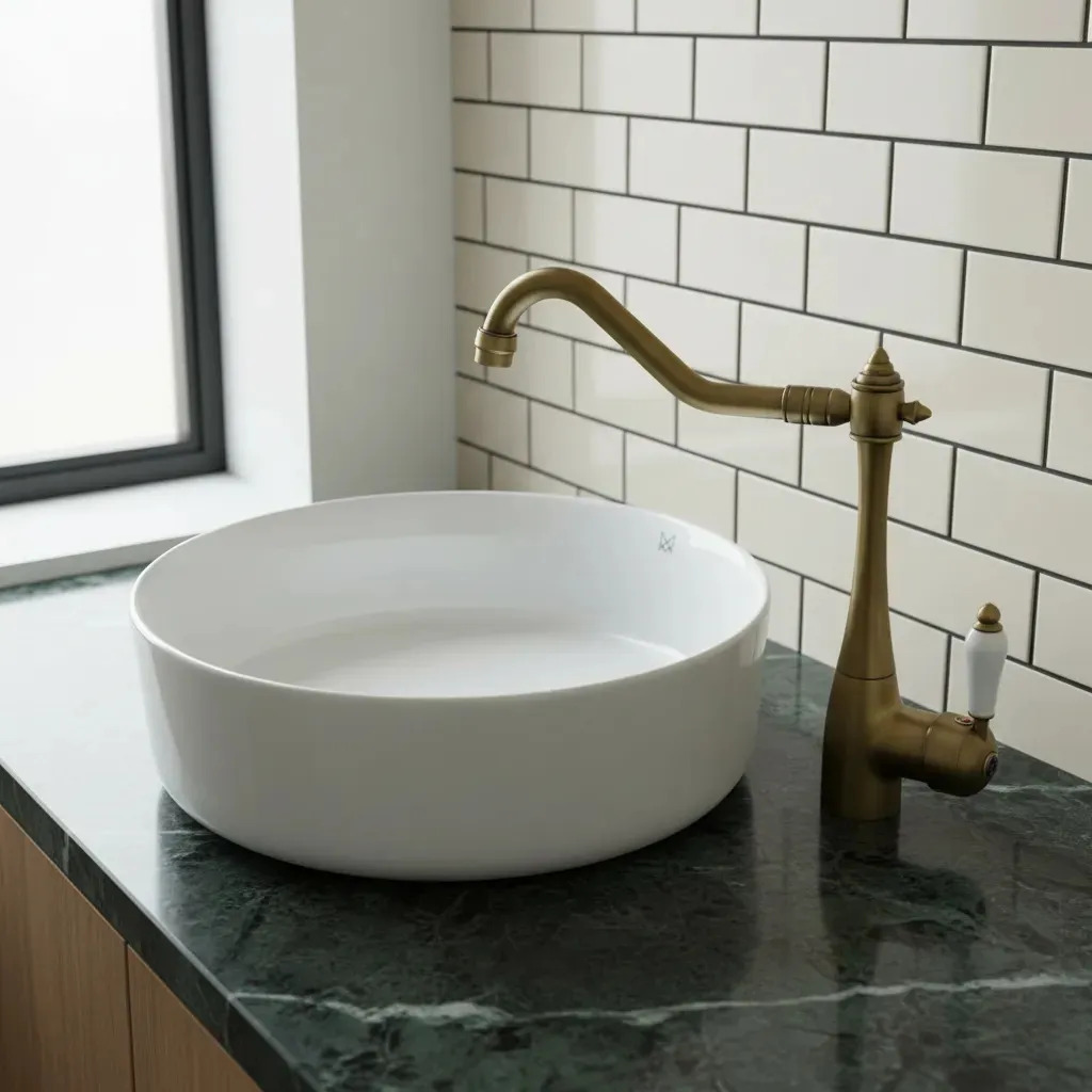 Combo Bacha Blanca + Griferia Bronce Vintage Baño Valemma Bronce