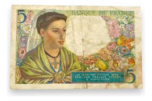 Hermoso Billete Francés De 5 Francos Año 1943 (Usado)